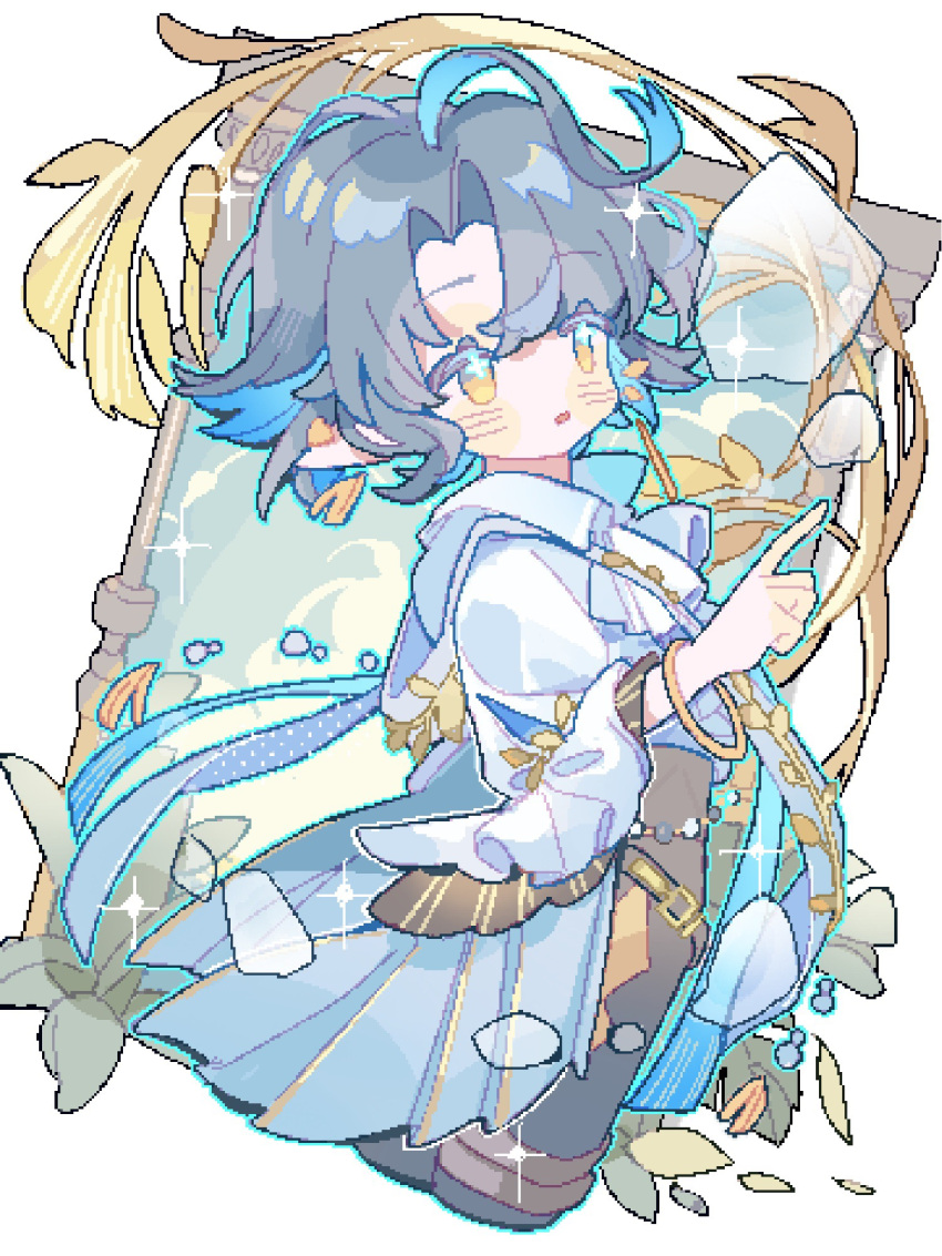1boy, :o, arknights, black_hair, blue_eyes, blush, bracelet, brown_pants