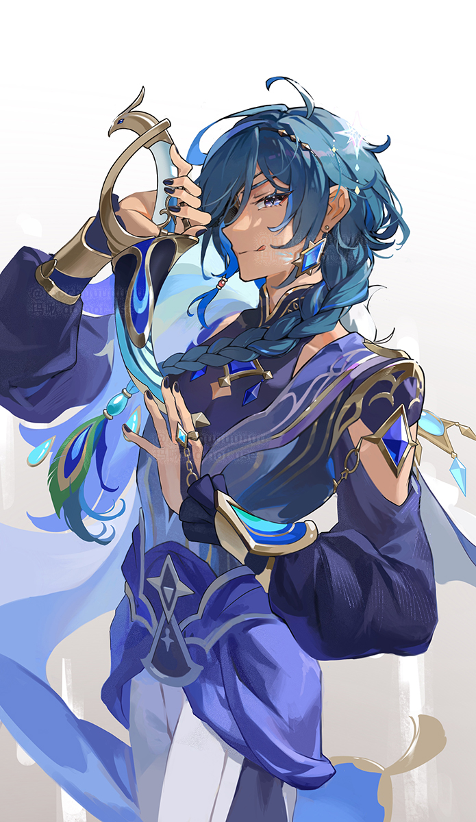 1boy, :q, antenna_hair, arm_up, artist_name, black_nails, blue_eyes, blue_gemstone