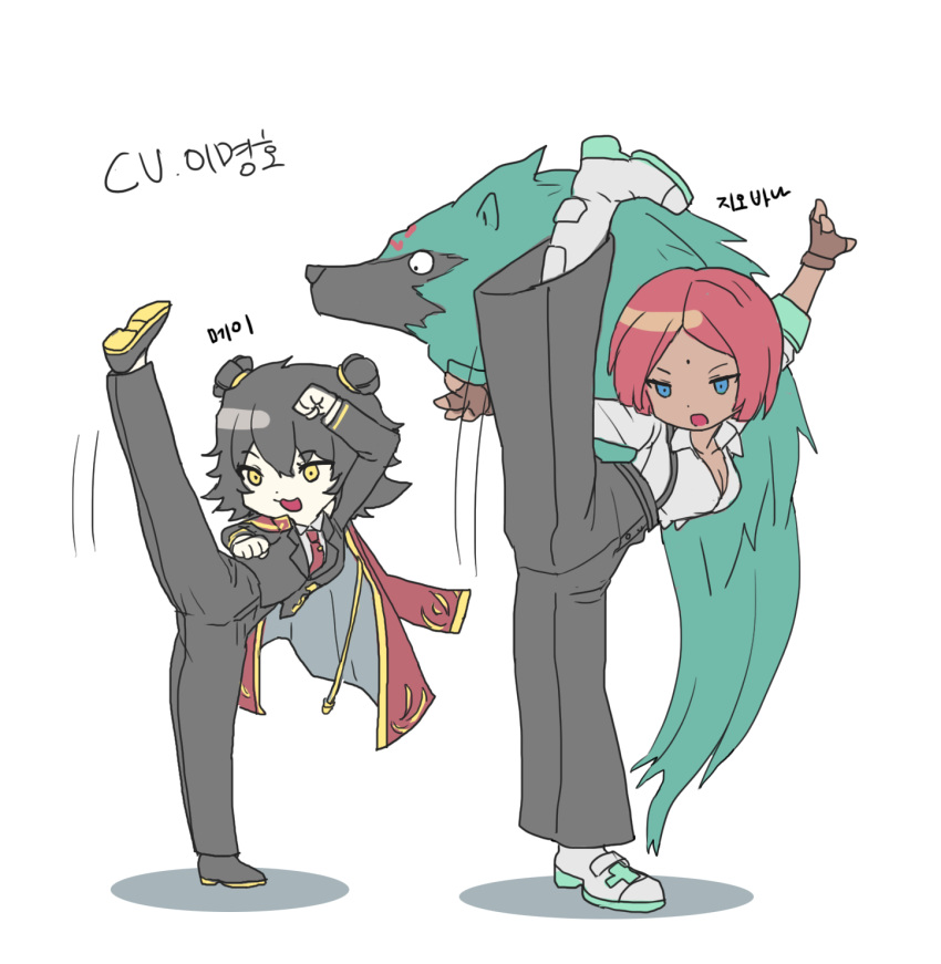 2girls, black_footwear, black_hair, black_jacket, black_pants, blue_eyes, boots, breasts