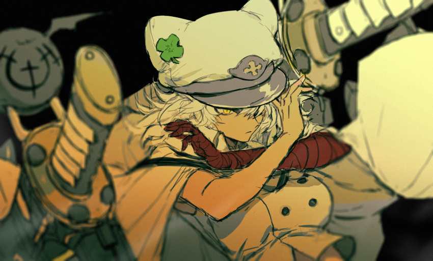 1girl, absurdres, bandaged_arm, bandages, black_background, cabbie_hat, cape, carol0905