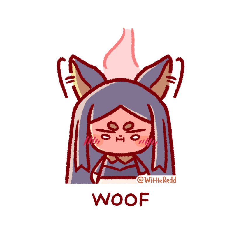 1girl, animal_ears, arknights, black_hair, blush, chibi, commentary, dobermann_(arknights), dog_ears, dog_girl, ear_wiggle, embarrassed, english_commentary, english_text, full-face_blush, jacket, long_hair, long_sleeves, looking_down, simple_background, solo, twitter_username, white_background, wittle_red