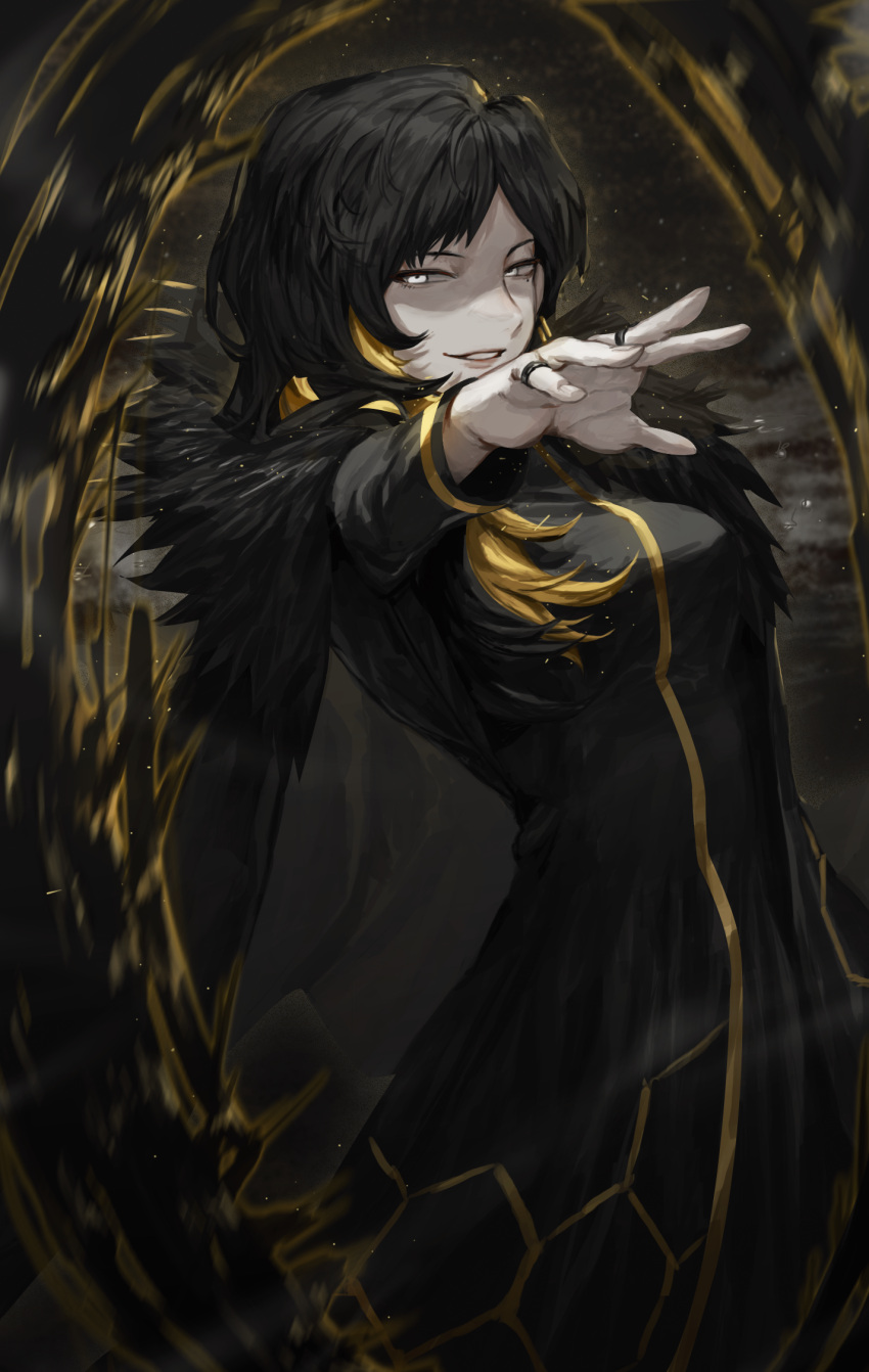 1girl, binah_(project_moon), black_cape, black_dress, black_hair, blonde_hair, cape, carol0905