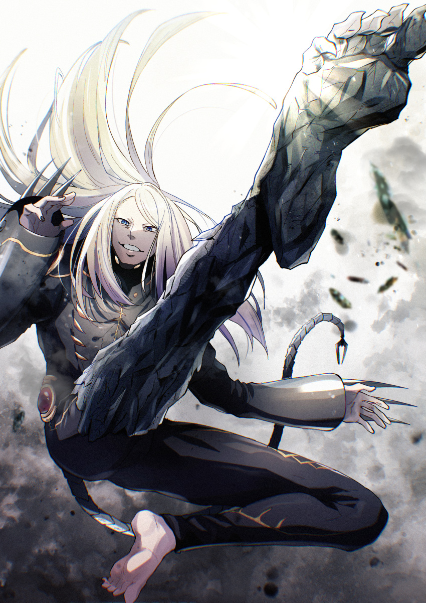 1boy, absurdres, armor, barefoot, black_armor, black_nails, blonde_hair, blue_eyes, claw_(weapon), fate/grand_order, fate_(series), full_armor, full_body, highres, jyaihima, long_hair, looking_at_viewer, male_focus, midair, missing_limb, prosthesis, smile, solo, tail, tezcatlipoca_(fate), tezcatlipoca_(second_ascension)_(fate), weapon
