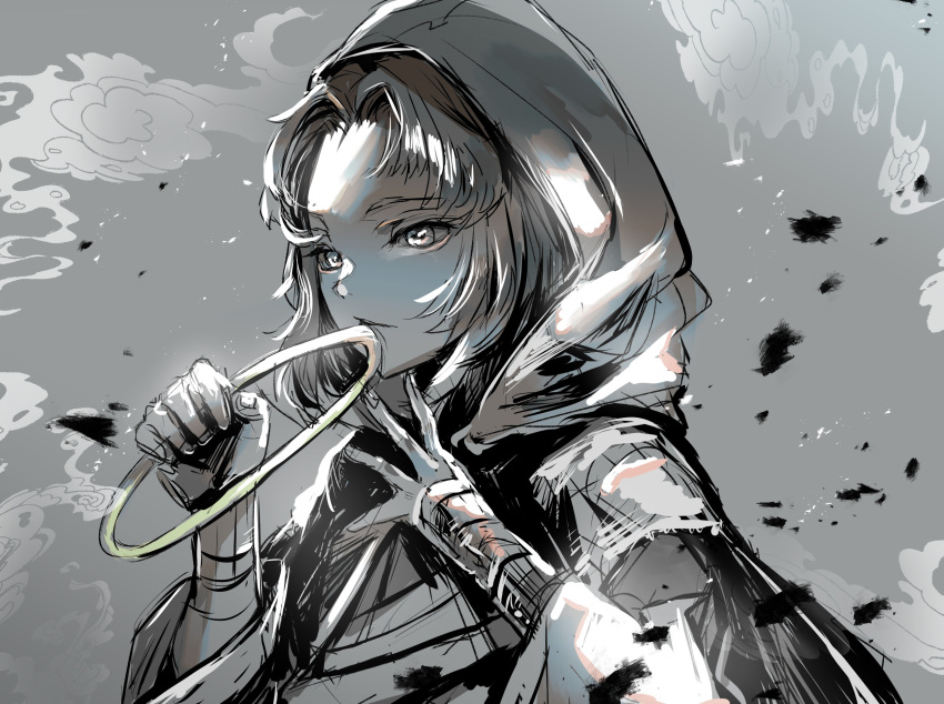 1girl, armor, clouds, greyscale, hand_on_own_chest, highres, holding, holding_weapon, hood, hood_up, hoop, kesa, kumoi_ichirin, long_sleeves, looking_ahead, medium_hair, monochrome, nun, object_to_cheek, one-hour_drawing_challenge, parted_bangs, ranko_no_ane, sketch, sky, touhou, upper_body, weapon, wide_sleeves