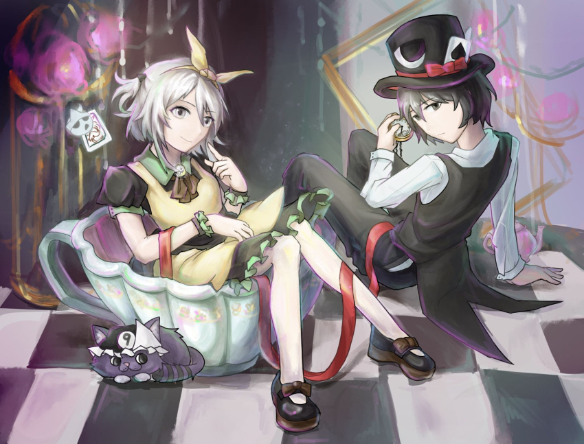 3others, ace_of_spades, alternate_costume, androgynous, animalization, anniversary, apron, black_bow