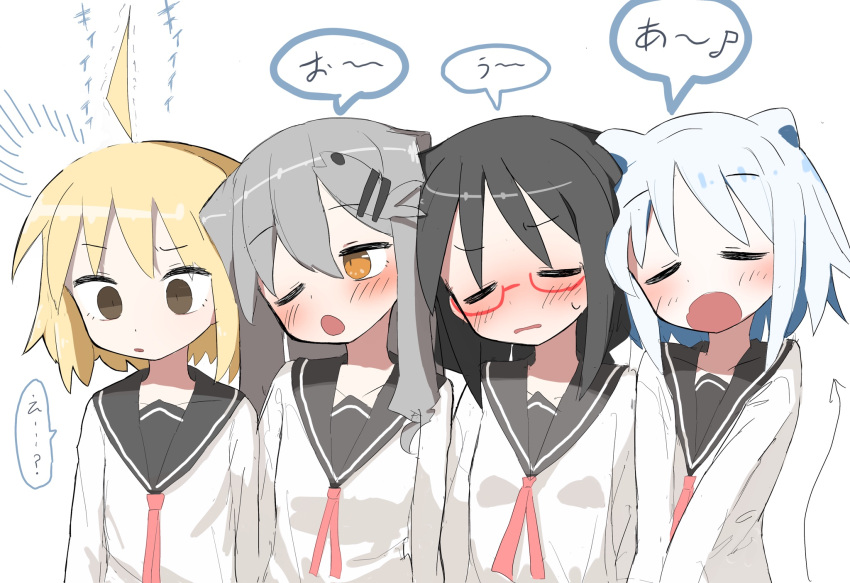 4girls, agoshi_sakina, ahoge, black_hair, black_sailor_collar, blonde_hair, brown_eyes, commentary