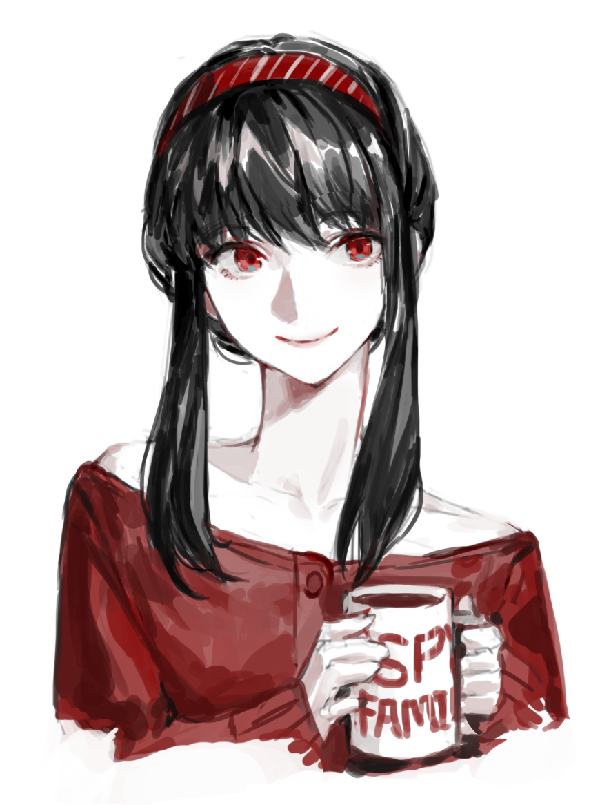 1girl, bad_neck, black_hair, carol0905, closed_mouth, collarbone, cup, hairband