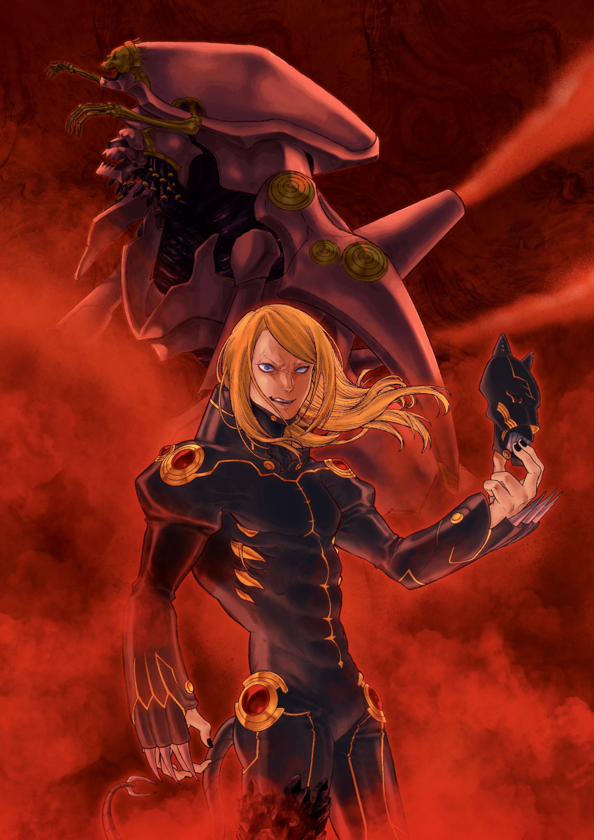 1boy, absurdres, armor, black_armor, black_mask, black_nails, blonde_hair, blue_eyes