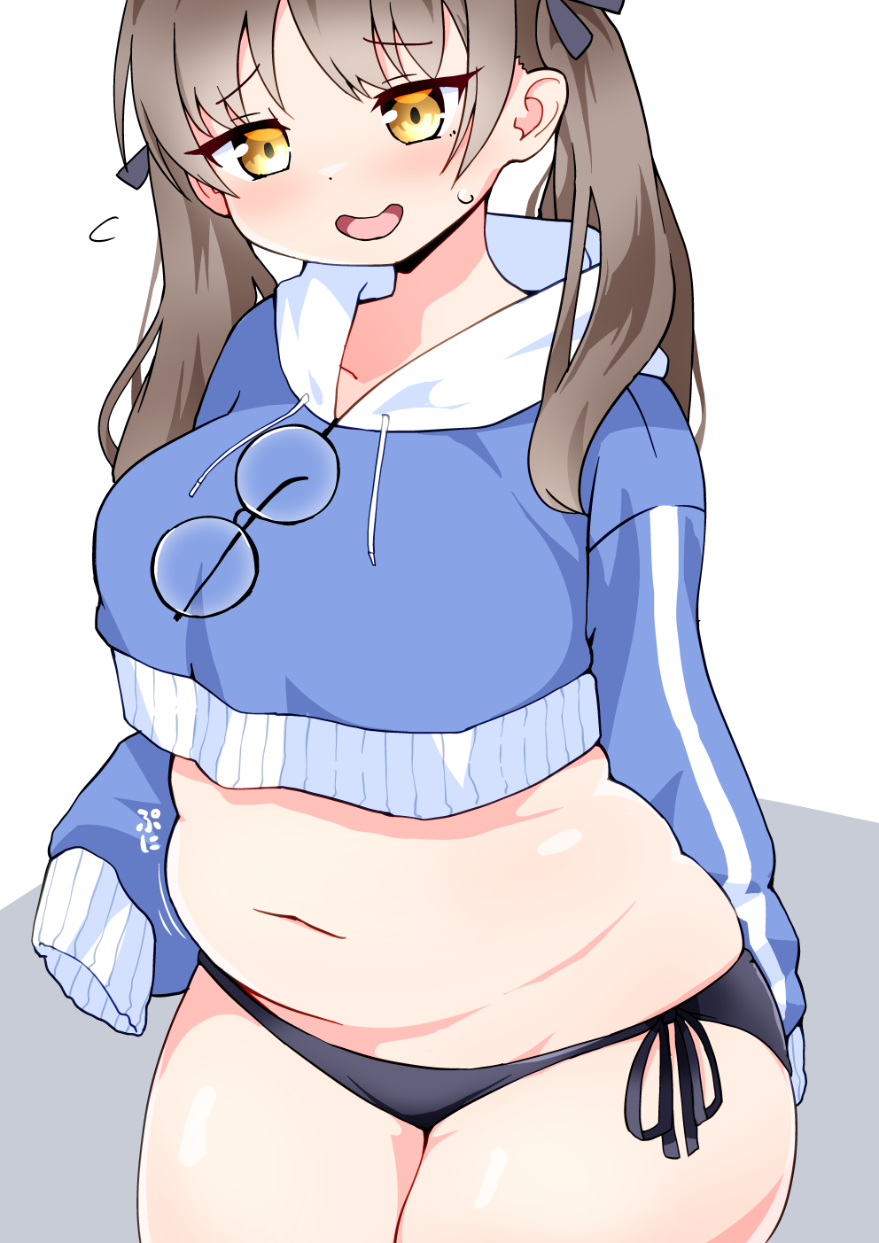 1girl, alternate_body_size, belly, bikini, blue_archive, breasts, brown_eyes, brown_hair, cropped_hoodie, eyewear_hang, eyewear_removed, highres, hood, hood_down, hoodie, large_breasts, moe_(blue_archive), moe_(swimsuit)_(blue_archive), motion_lines, open_mouth, plump, shiyo_hodaka, side-tie_bikini_bottom, simple_background, sleeves_past_wrists, solo, sweatdrop, swimsuit, twintails, white_background