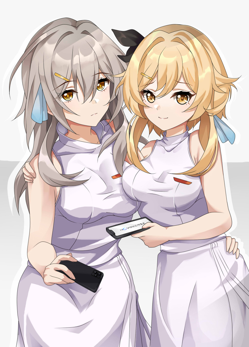 2girls, absurdres, asymmetrical_docking, bare_shoulders, blonde_hair, breast_press, breasts, cellphone