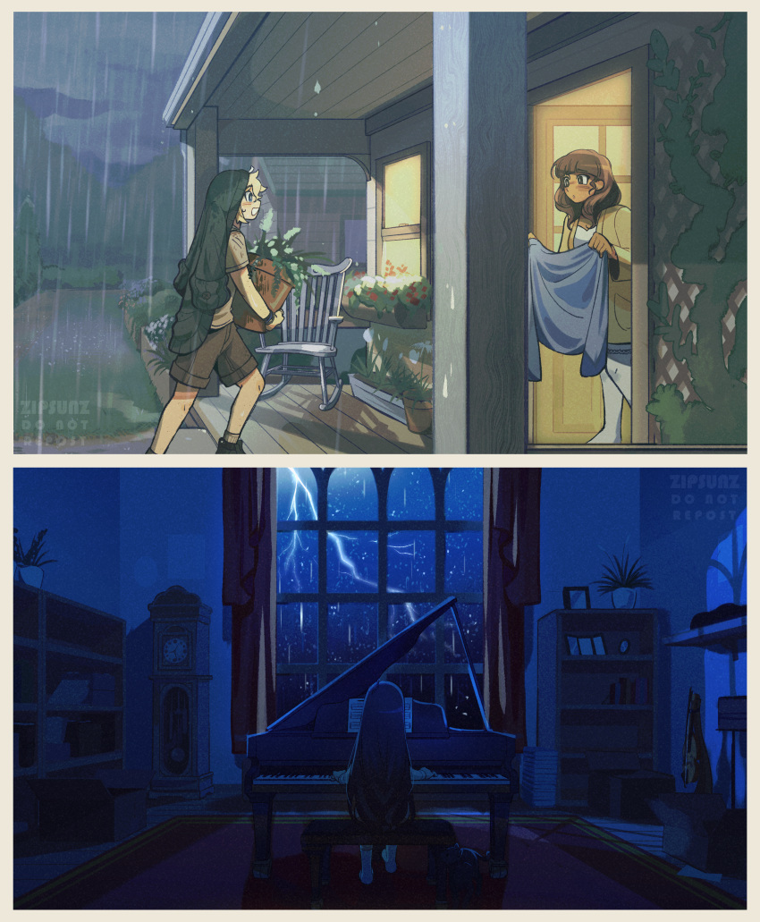 1boy, 2girls, absurdres, artist_name, basil_(omori), black_hair, blonde_hair, blunt_bangs