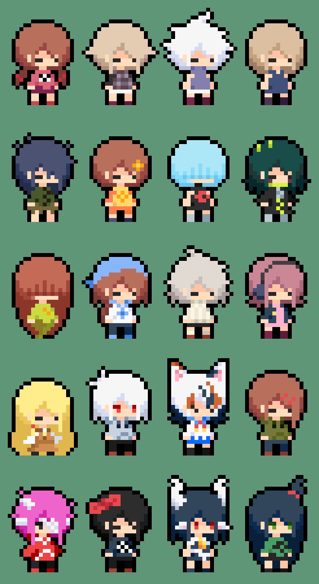 .flow, 1boy, 6+girls, akise_(aluma), akuma_(game), amnesia_(yume_nikki), animal_ears, answered_prayers, bandage_over_one_eye, bandaged_head, bandages, bandana, barefoot, black_hair, black_pants, blonde_hair, blue_dress, blue_skirt, braid, brown_hair, cat_ears, chie_(lcddem), closed_eyes, debris_(game), distress_(game), dress, flower, fluorette, flying, full_body, ghost, green_background, green_eyes, green_hair, guiliemus, hair_between_eyes, hair_ornament, hair_over_one_eye, hair_ribbon, hairclip, hanatsuki_(re:in), highres, horns, jacket, lcddem, long_hair, long_sleeves, madotsuki, manda_(manda_no_yume), manda_no_yume, me_(game), me_(me), messy_hair, mimitsuki, modori_(shamal), moonday, multicolored_hair, multiple_girls, narcolepsy, neko_yume_douchuuki, nire_(yuque), open_clothes, open_jacket, pants, pink_hair, pink_shirt, pixel_art, ponytail, re:in, red_eyes, red_ribbon, ribbon, sabitsuki, sailor_collar, sakumozuki, saya_(distress), school_uniform, serafuku, shamal_(game), shirt, shoes, short_hair, shorts, simple_background, skirt, sleeveless, sleeveless_turtleneck, standing, sweater, tatsuki_(debris), toritsuki, turtleneck, twin_braids, twintails, urotsuki, ushitsuki, usotsuki, very_long_hair, wavy_hair, white_hair, white_horns, white_shirt, withers, yakitsuki_(withers), yomika, yume_2kki, yume_graffiti, yume_nikki, yume_nisshi, yuque