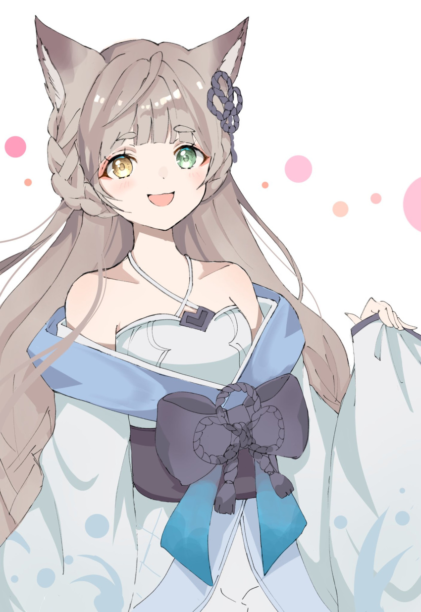 1girl, animal_ears, bare_shoulders, bath_yukata, braid, breasts, brown_hair, criss-cross_halter, djiyoko, granblue_fantasy, green_eyes, halterneck, hand_up, heterochromia, highres, japanese_clothes, kimono, long_hair, long_sleeves, looking_at_viewer, obi, off_shoulder, open_mouth, pholia, pholia_(yukata), sash, small_breasts, smile, solo, upper_body, white_background, wide_sleeves, wolf_ears, yellow_eyes, yukata