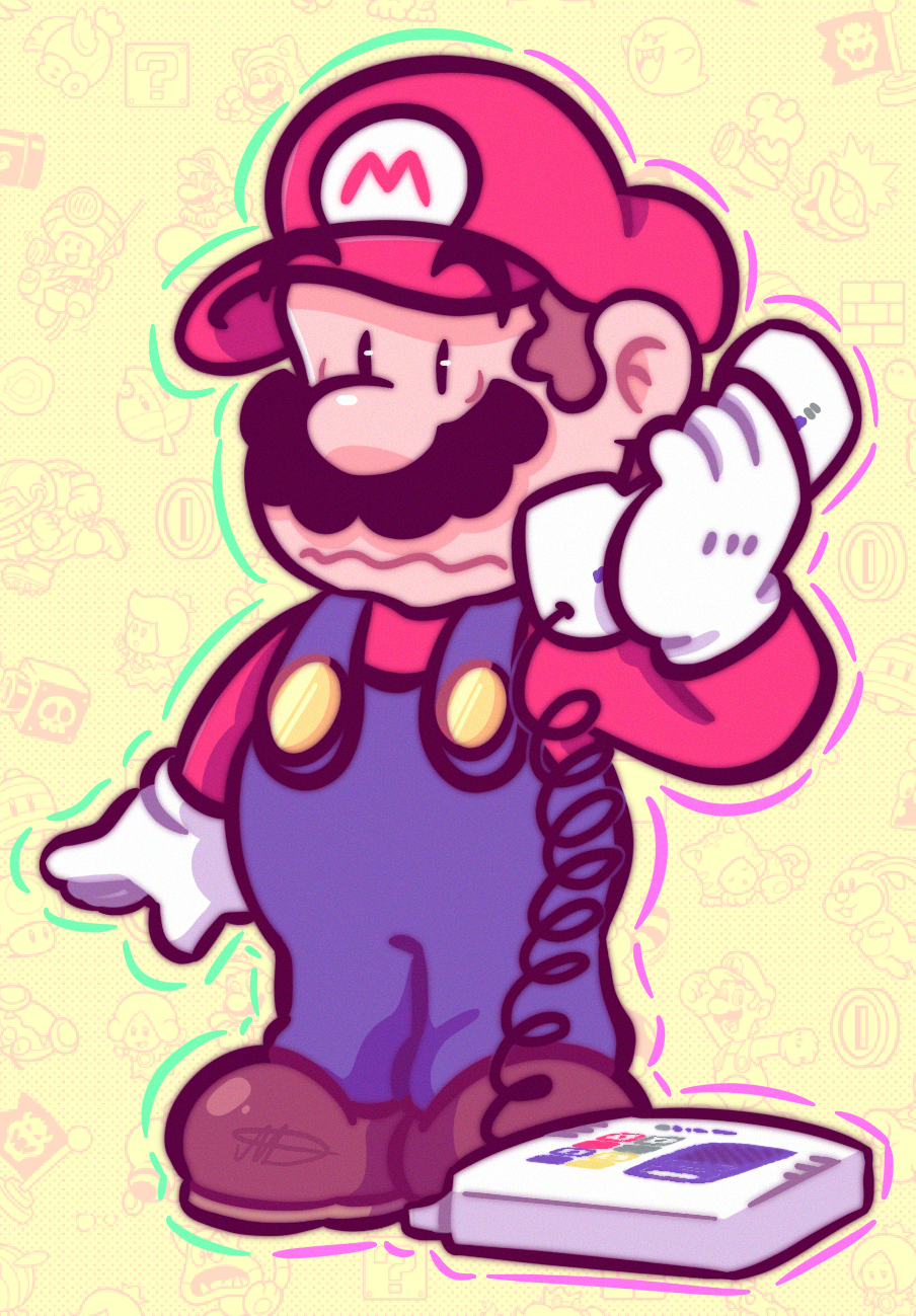 1boy, black_eyes, blue_overalls, brown_footwear, brown_hair, buttons, cabbie_hat, english_commentary, facial_hair, gloves, hat, highres, holding, holding_phone, irs, jradical2014, letter, long_sleeves, looking_at_viewer, male_focus, mario, mustache, overalls, patterned_background, phone, raised_eyebrows, red_headwear, red_shirt, shirt, shoes, short_hair, signature, solid_oval_eyes, super_mario_bros., thick_eyebrows, trembling, wavy_mouth, white_gloves, wide-eyed, yellow_background