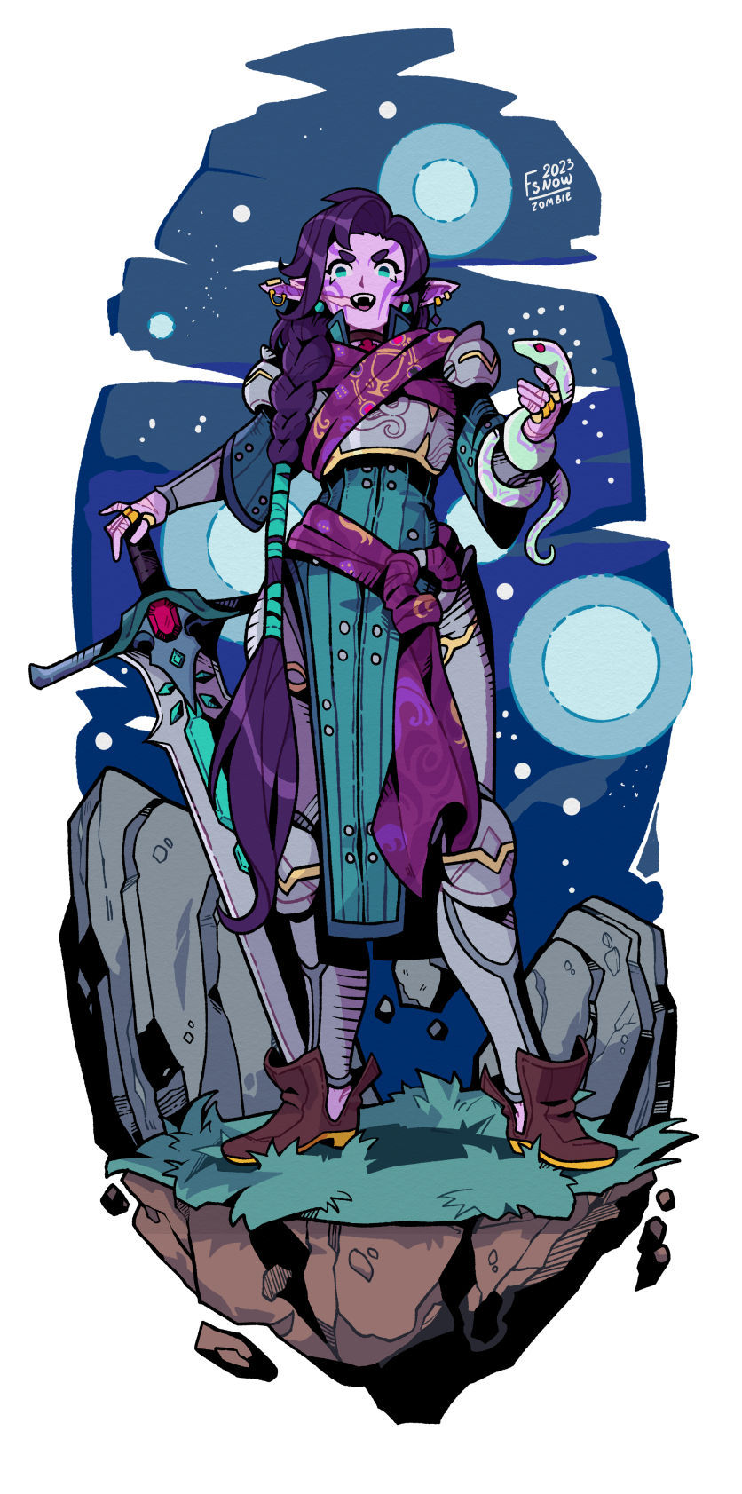 1girl, armor, braid, colored_skin, dated, fangs, fsnowzombie, full_body