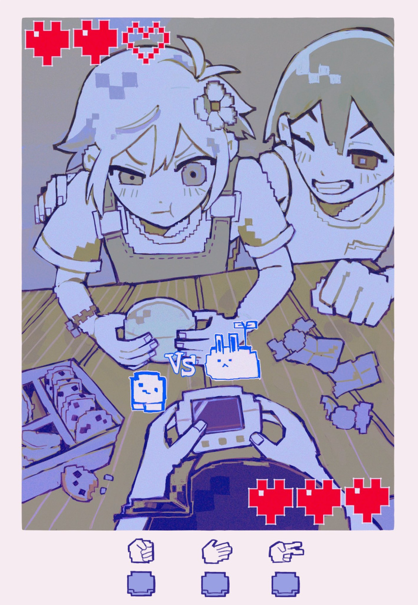 3boys, basil_(omori), cookie, flower, food, grin, hair_flower, hair_ornament