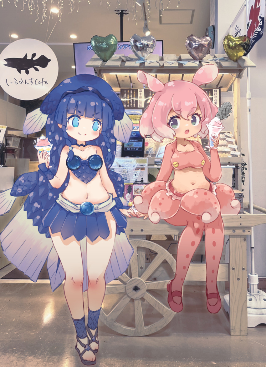 2girls, bare_shoulders, blue_eyes, blue_hair, blue_skirt, coelacanth_(kemono_friends), fins, fish_girl, fish_tail, food, gauntlets, grey_eyes, head_fins, highres, ice_cream, japanese_pancake_devilfish_(kemono_friends), kemono_friends, kolshica, long_hair, long_sleeves, midriff, multicolored_hair, multiple_girls, navel, numazu, pantyhose, penny_loafers, pink_footwear, pink_hair, pink_pantyhose, pink_shirt, pink_skirt, pleated_skirt, sandals, scales, shirt, short_hair, sitting, skirt, tail, two-tone_hair, white_hair