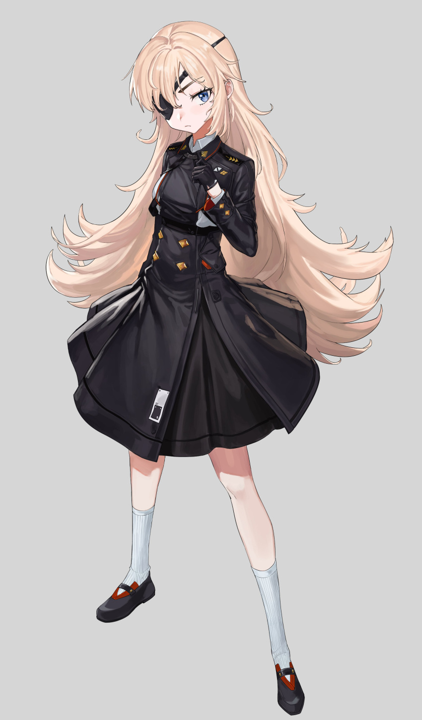 1girl, absurdres, black_footwear, black_gloves, black_skirt, blonde_hair, blue_eyes, chuunibyou