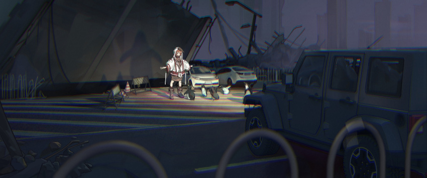 1girl, animal_hood, bird, black_shirt, black_skirt, blurry, blurry_foreground, boots, broken_bridge, car, chest_strap, chromatic_aberration, city, commentary, different_shadow, english_commentary, flock, fog, headlight, highres, hood, hood_up, hooded_jacket, jacket, jeep, knee_boots, lamppost, long_sleeves, motor_vehicle, nack, night, original, outdoors, outstretched_arms, partially_unzipped, penguin, penguin_hood, puffy_long_sleeves, puffy_sleeves, rebar, rubble, ruins, shadow, shirt, skirt, sleeveless, sleeveless_shirt, solo, spread_arms, traffic_barrier, traffic_cone, white_jacket, wide_shot, zipper_pull_tab