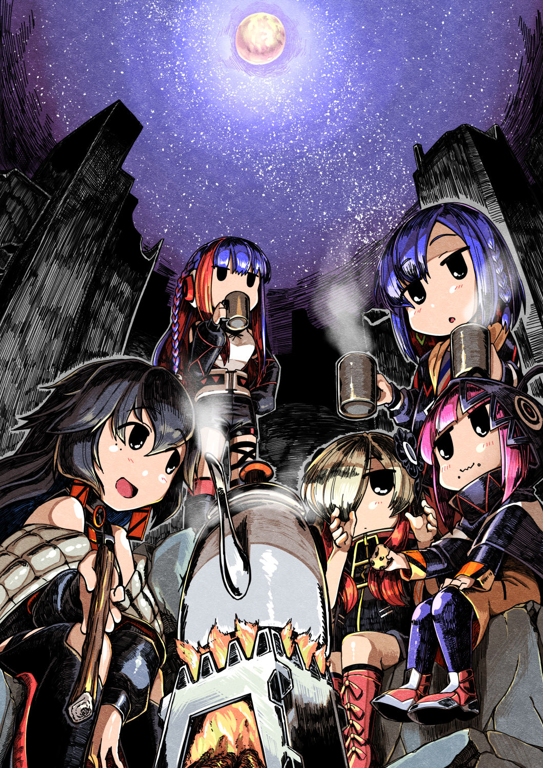 5girls, arm_on_knee, black_coat, black_eyes, black_flower, black_hair, black_jacket, black_shirt, black_socks, blonde_hair, blue_hair, blue_jacket, blue_leggings, blunt_bangs, boots, braid, building, camping, choker, coat, commentary_request, cup, dot_mouth, drinking, flower, food, food_on_face, from_below, full_moon, hair_flower, hair_ornament, hair_over_one_eye, hand_on_own_hip, harusaruhi, hatching_(texture), headphones, high_collar, highres, holding, holding_cup, holding_stick, hood, hood_down, hood_up, hooded_jacket, hot_drink, isekai_joucho, jacket, jacket_partially_removed, jitome, kaf_(kamitsubaki_studio), kamitsubaki_studio, knee_boots, kneehighs, koko_(kamitsubaki_studio), kyouyama_(kuromon), leaning_forward, leggings, light_blush, long_hair, looking_at_another, moon, multicolored_hair, multiple_girls, night, o-ring, o-ring_choker, one_eye_covered, open_clothes, open_jacket, outdoors, pink_hair, purple_sky, raised_eyebrows, reaching, red_footwear, redhead, rim_(kamitsubaki_studio), ruins, shirt, side_braid, sitting, sky, sleeveless, sleeveless_shirt, smile, socks, standing, star_(sky), starry_sky, steam, stick, streaked_hair, teapot, virtual_youtuber, wavy_mouth, zipper, zipper_pull_tab