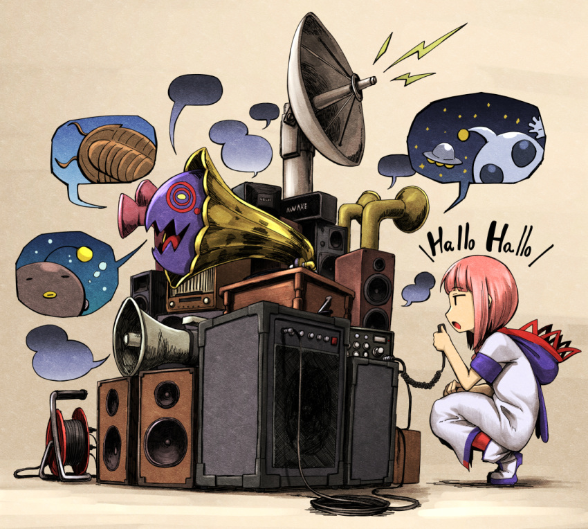 1girl, alien, amplifier, anglerfish, animal_request, black_eyes, blue_hood, blunt_bangs