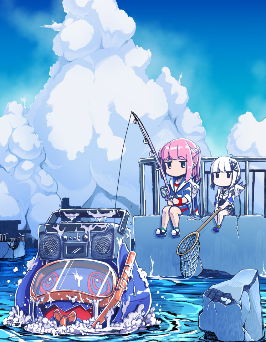 2girls, black_eyes, black_shirt, blue_jacket, blue_skirt, blue_sky, blunt_bangs, boombox