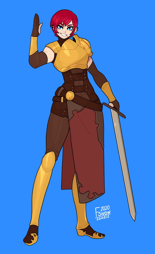 1girl, armor, belt, blue_background, blue_eyes, breastplate, dated, fsnowzombie