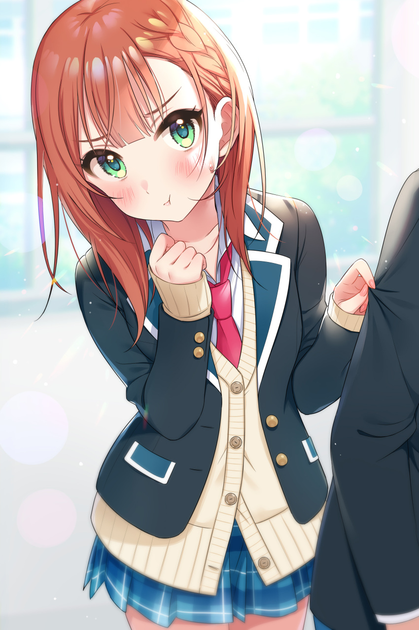 1boy, 1girl, :t, absurdres, black_jacket, blazer, blue_skirt, blurry
