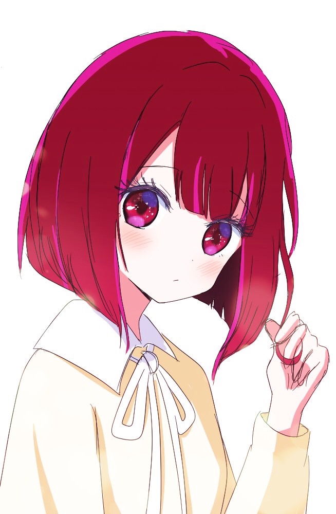1girl, arima_kana, blunt_bangs, blush, bob_cut, closed_mouth, collared_shirt, commentary
