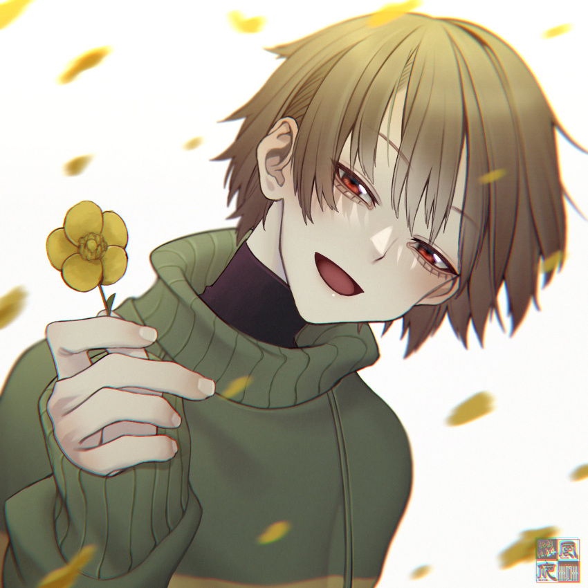 1other, brown_hair, chara_(undertale), deltarune, falling_petals, flower, golden_flower_(undertale), green_sweater