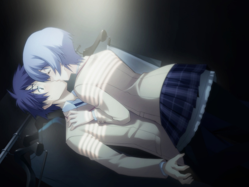 chaos;head, closed_eyes, dutch_angle, game_cg, kishimoto_ayase, kiss, matsuo_yukihiro, nishijou_takumi