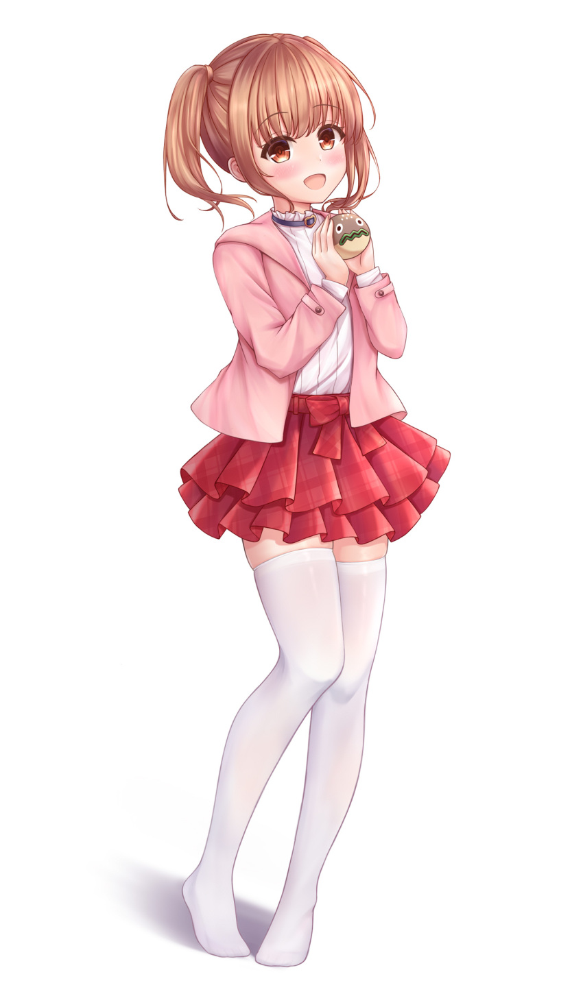 1girl, brown_hair, highres, idoly_pride, kawasaki_sakura_(idoly_pride), koiaya201352, long_hair, looking_at_viewer, open_mouth, short_hair, smile, thigh-highs, thighs, twintails, white_thighhighs