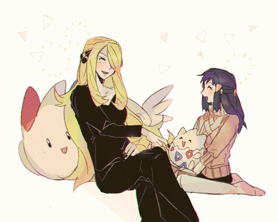 2girls, animal, black_nails, black_pants, black_shirt, blonde_hair, blue_hair, creature, crossed_legs, cynthia_(pokemon), hair_ornament, hikari_(pokemon), holding, holding_animal, holding_creature, holding_pokemon, kkhphpl, kneeling, long_hair, long_sleeves, medium_hair, multiple_girls, open_mouth, pants, patterned_background, pokemon, pokemon_(creature), shirt, sitting, smile, socks, sweater, thigh-highs, togekiss, togepi, turtleneck, turtleneck_sweater, v-neck, white_socks, white_thighhighs