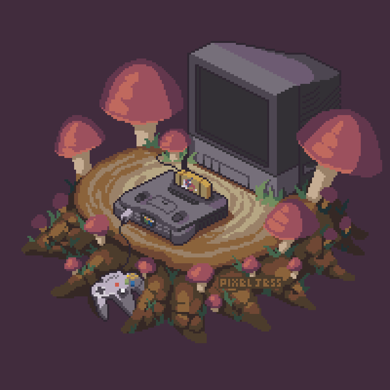 animated, animated_gif, artist_name, cable, controller, crt, game_cartridge, game_console, game_controller, isometric, mushroom, nintendo, nintendo_64, nintendo_64_controller, no_humans, pixel_art, pixel_jess, simple_background, static, still_life, television, the_legend_of_zelda, the_legend_of_zelda:_ocarina_of_time, tree_stump