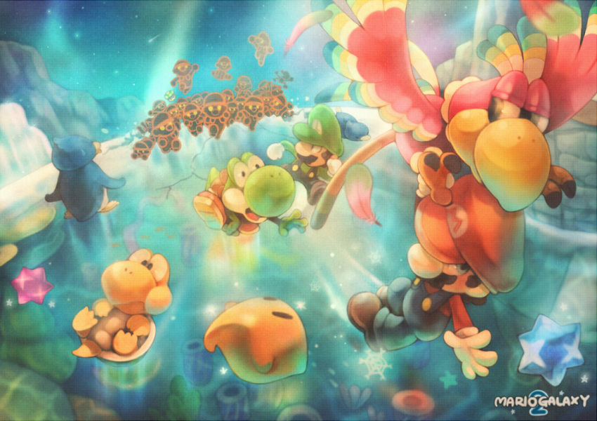 blue_eyes, facial_hair, fluzzard, gloves, hat, koopa_troopa, luigi, luma