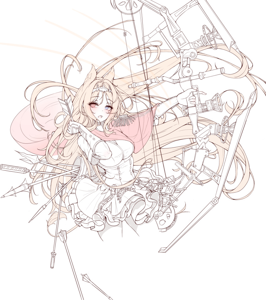 1girl, absurdres, animal_ears, archetto_(arknights), arknights, blue_eyes, bow_(weapon), breasts, brown_hair, capelet, compound_bow, cowboy_shot, cropped_legs, drawing_arrow, dress, floating_hair, gloves, heterochromia, highres, holding, holding_bow_(weapon), holding_weapon, large_breasts, lilac_(k32420276), long_hair, looking_at_viewer, open_mouth, quiver, red_capelet, red_eyes, simple_background, solo, unfinished, very_long_hair, weapon, white_background