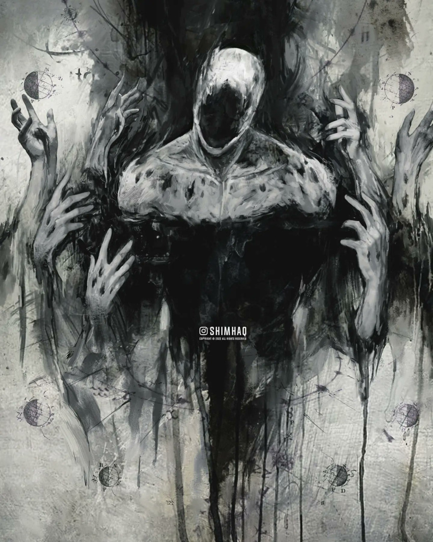 1boy, artist_name, colored_skin, dark_background, disembodied_limb, english_commentary, faceless, faceless_male