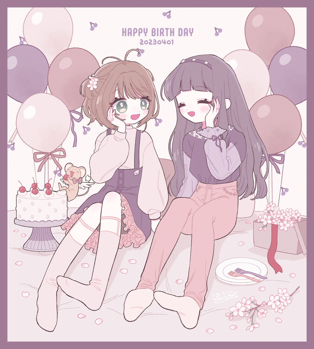 2girls, :d, alternate_costume, antenna_hair, artist_name, black_hair, black_hairband, black_shirt