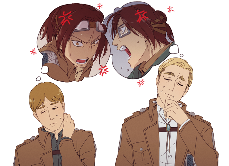 1other, 2boys, anger_vein, blonde_hair, brown_eyes, brown_hair, brown_jacket, closed_eyes