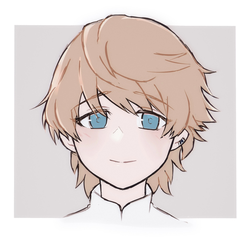 1boy, absurdres, blonde_hair, border, closed_mouth, collared_shirt, commentary, final_fantasy, final_fantasy_xvi, grey_background, hair_over_one_eye, haku-san, highres, joshua_rosfield, light_blush, looking_at_viewer, male_child, male_focus, mandarin_collar, outside_border, portrait, shirt, short_hair, simple_background, smile, solo, straight-on, white_border, white_shirt, wispy_bangs