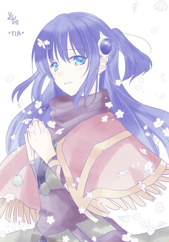 1girl, blue_eyes, blue_hair, blue_scarf, capelet, flower, long_hair, looking_at_viewer