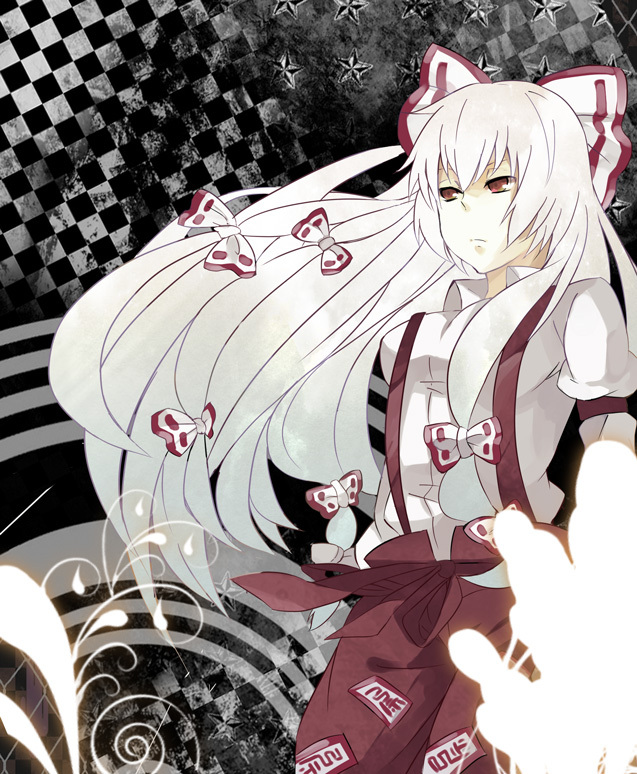 bad_id, bored, checkered, checkered_background, fujiwara_no_mokou, hair_ribbon, komura, long_hair
