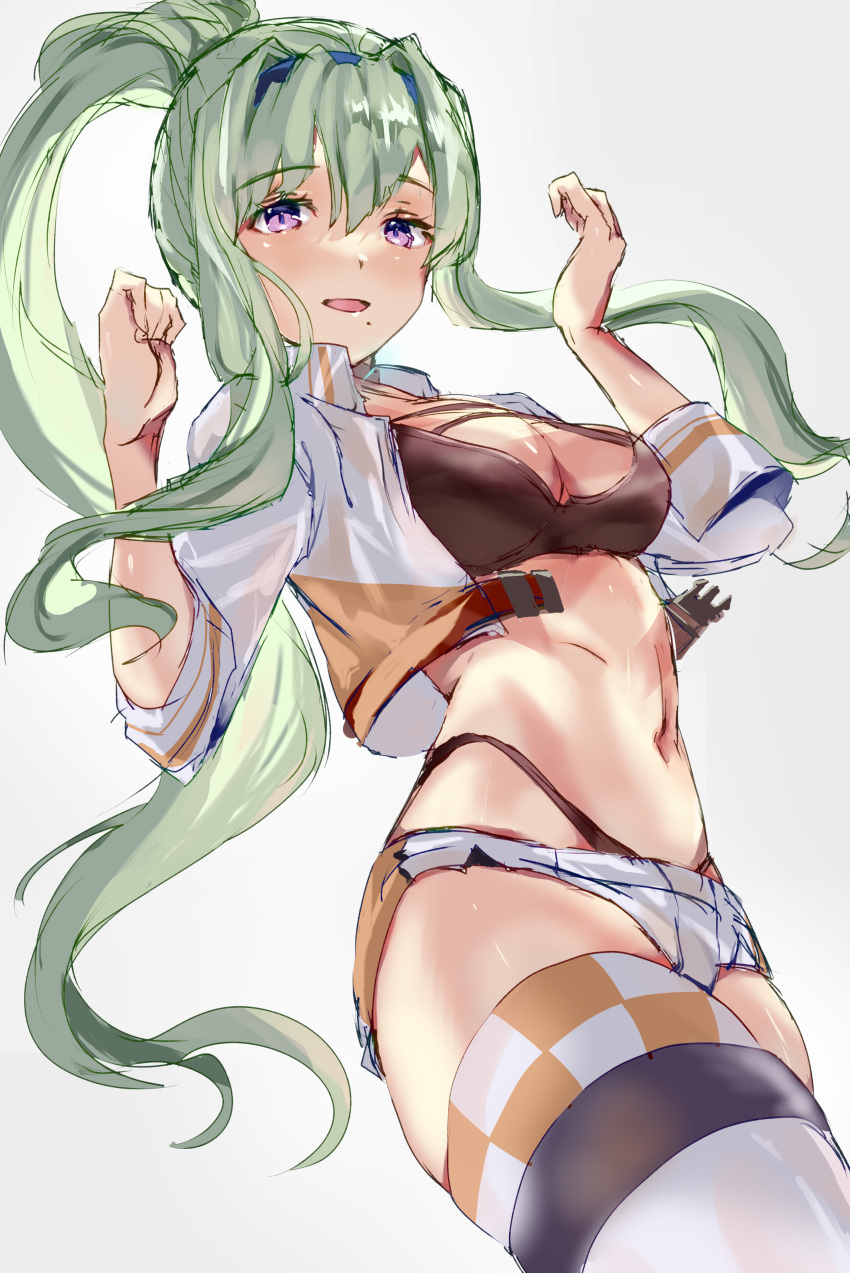 1girl, absurdres, breasts, cropped_jacket, from_below, green_hair, heaven_burns_red, highres