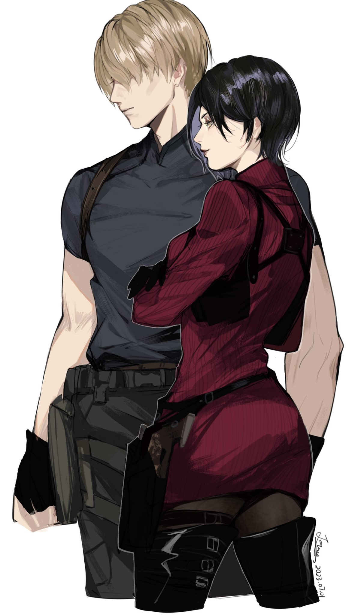 1boy, 1girl, ada_wong, black_footwear, black_gloves, black_hair, black_pants, black_pantyhose