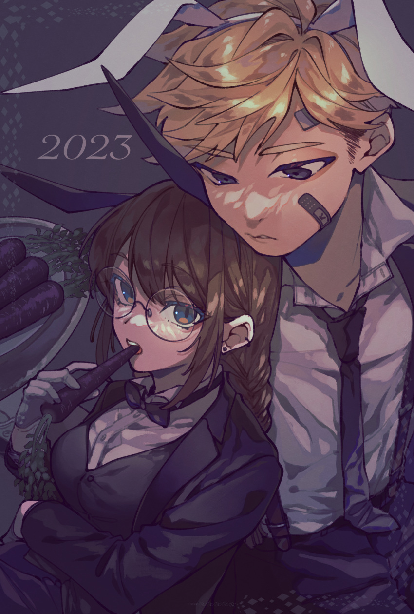 1boy, 1girl, 2023, absurdres, animal_ears, bandaid, bandaid_on_face, black_background, black_bow, black_bowtie, black_eyes, black_jacket, black_necktie, black_pants, black_vest, blonde_hair, blue_eyes, bow, bowtie, braid, brown_hair, carrot, cowboy_shot, dress_shirt, ear_piercing, earrings, eating, fake_animal_ears, food, framed, fujikawa_ua, glasses, gloves, hair_between_eyes, hairband, half_gloves, highres, holding, holding_food, holding_tray, holding_vegetable, jacket, jewelry, lapels, leaning_on_person, long_hair, looking_at_another, looking_to_the_side, necktie, notched_lapels, open_clothes, open_jacket, original, pant_suit, pants, parted_lips, piercing, popped_collar, rabbit_ears, round_eyewear, shirt, short_bangs, short_hair, single_braid, sitting, stud_earrings, suit, suit_jacket, teeth, tray, undercut, upper_body, upper_teeth_only, vegetable, vest, white_gloves, white_shirt