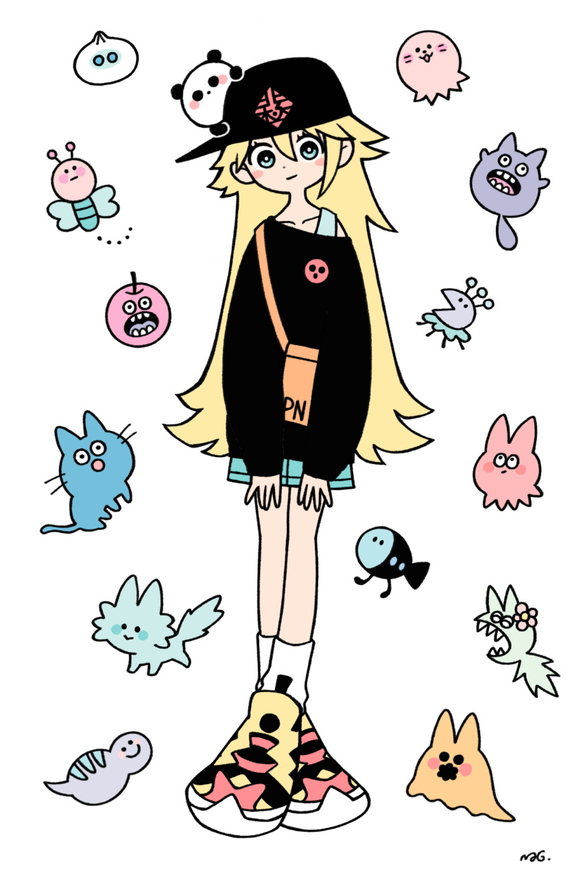 1girl, apple, aqua_eyes, aqua_shorts, bag, baozi, black_headwear, black_shirt, blonde_hair, bright_pupils, bug, food, fruit, full_body, garouma, highres, long_hair, looking_at_viewer, octopus, orange_bag, original, panda, print_headwear, shirt, shoes, shorts, shoulder_bag, smile, socks, solo, standing, tsuchinoko, very_long_hair, white_background, white_pupils, white_socks