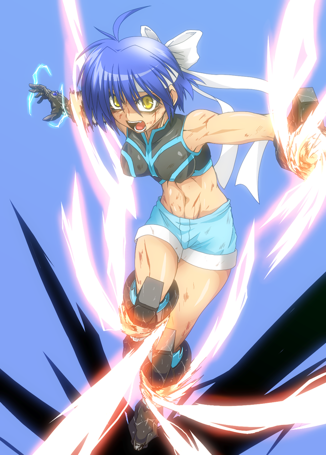 ahoge, blood, blue_hair, gloves, headband, mahou_shoujo_lyrical_nanoha, mahou_shoujo_lyrical_nanoha_strikers, midriff
