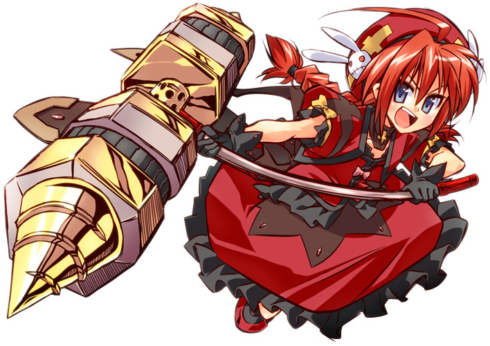 blue_eyes, braid, dress, drill, gloves, graf_eisen, hammer, hat