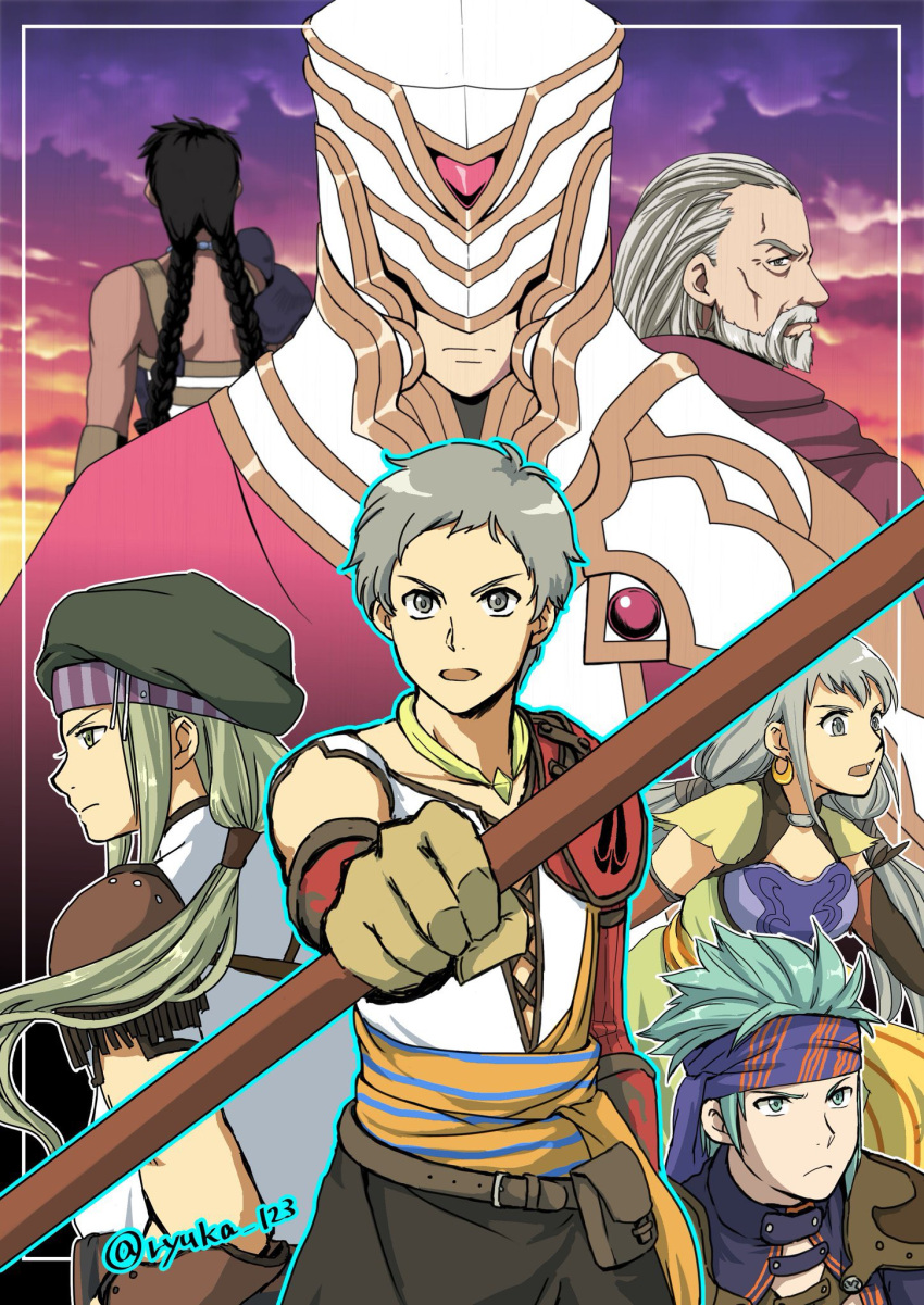 1girl, black_hair, braid, character_request, closed_mouth, clouds, earrings, gensou_suikoden