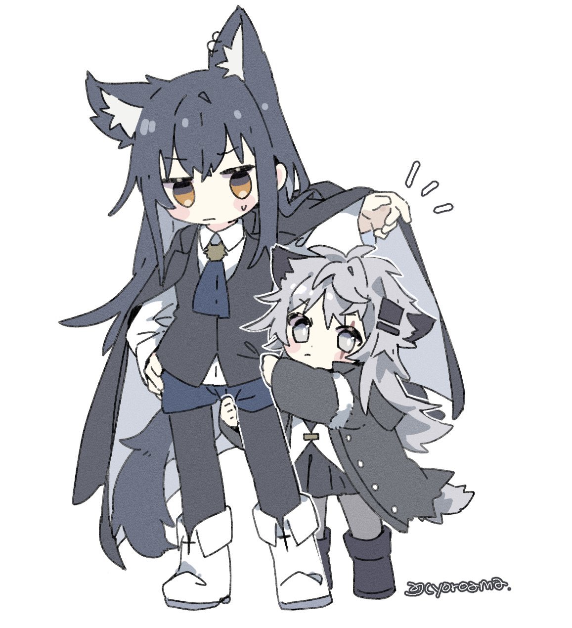 2girls, animal_ears, arknights, ascot, black_coat, black_dress, black_footwear, black_pantyhose, black_vest, blue_ascot, blue_shorts, blush_stickers, boots, chibi, coat, coat_on_shoulders, collared_shirt, dress, ear_piercing, extra_ears, grey_eyes, grey_hair, grey_pantyhose, hand_on_own_hip, height_difference, highres, lappland_(arknights), lappland_(refined_horrormare)_(arknights), looking_at_viewer, messy_hair, multiple_girls, naguru_(cyoroama), official_alternate_costume, pantyhose, pantyhose_under_shorts, piercing, scar, scar_across_eye, shirt, shorts, sweatdrop, tail, texas_(arknights), texas_the_omertosa_(arknights), vest, white_footwear, white_shirt, wolf_ears, wolf_girl, wolf_tail, yellow_eyes